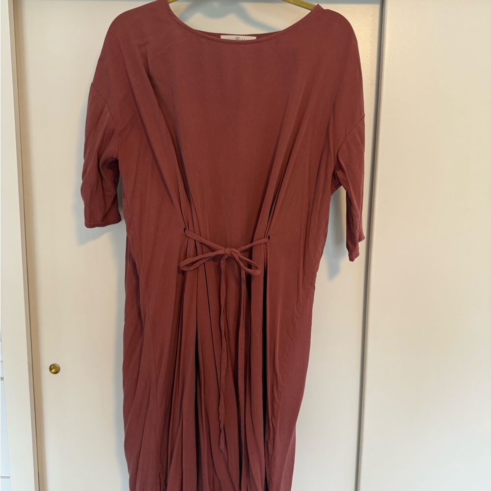 Long-Sleeve Midi Dress with Waist Tie in Dusty Rose